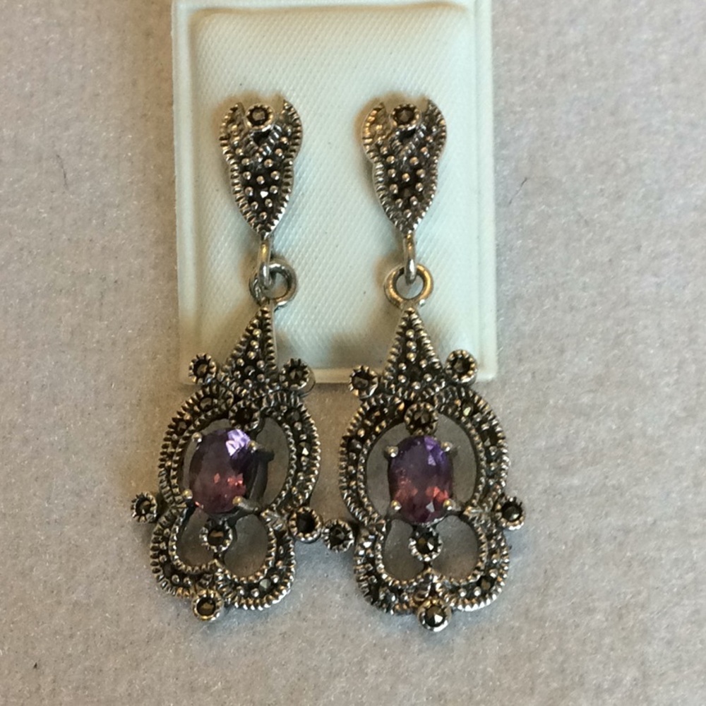 FINAL SALE PRICE Elegant Silver Amethyst & Marcasite Post Earrings